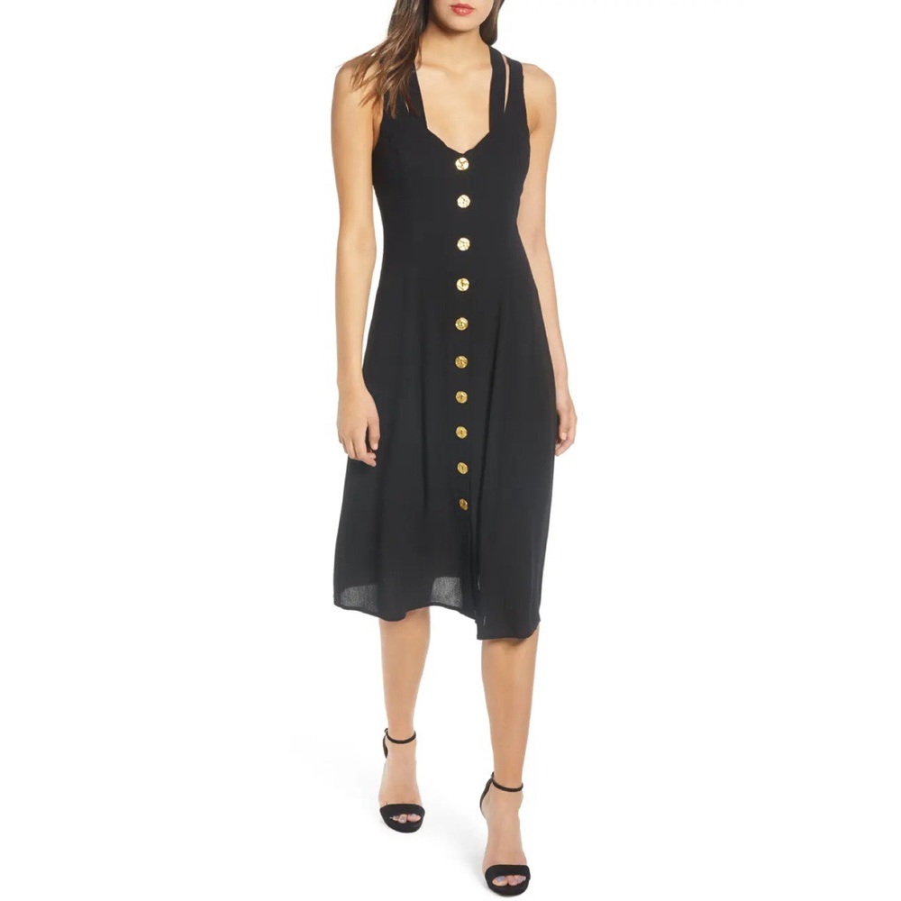 NWOT ROW A Button Front Cross Back Black Dress